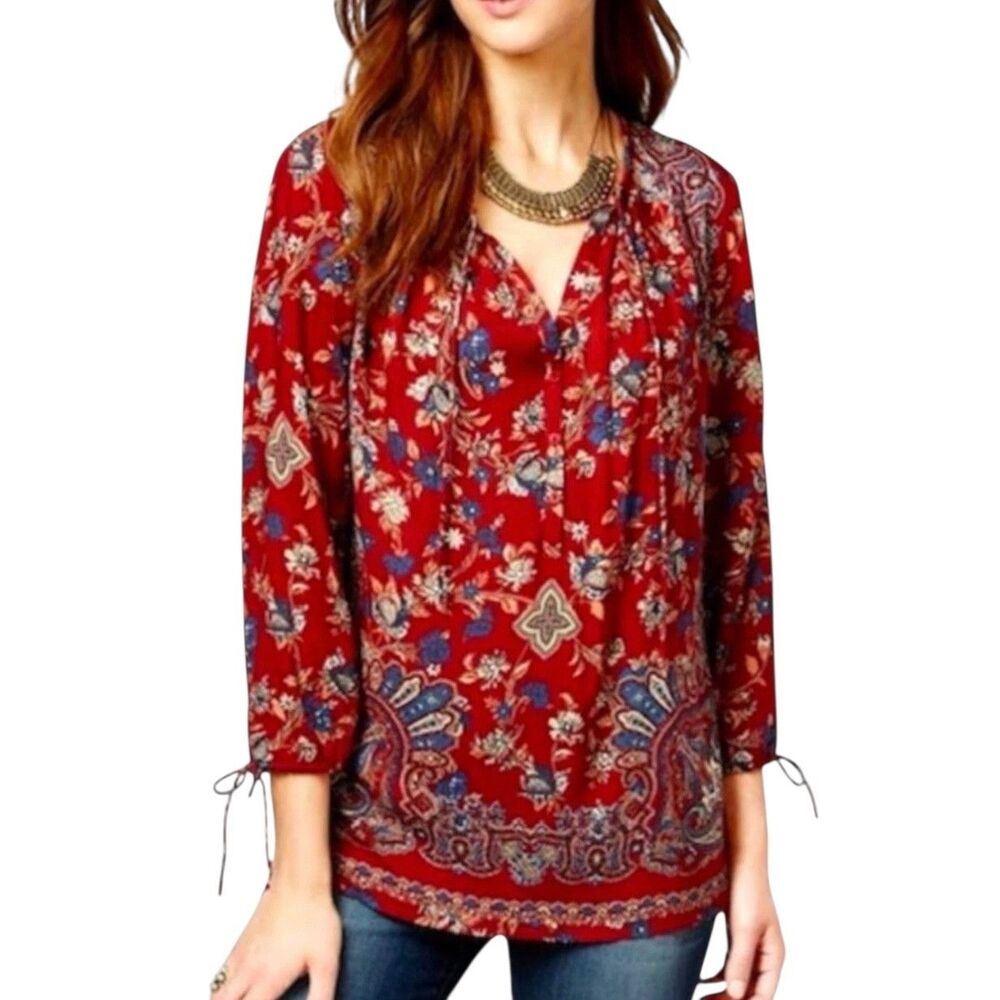 Lucky Brand Boho Peasant Blouse Top Shirt Floral Maroon S
